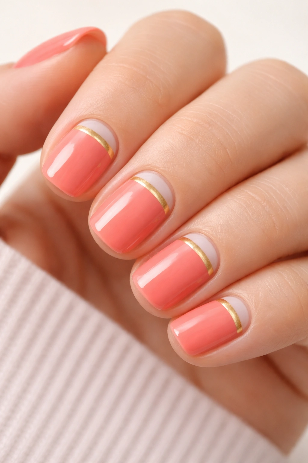Close-up of coral nails with white and gold striped tips on short squoval nails