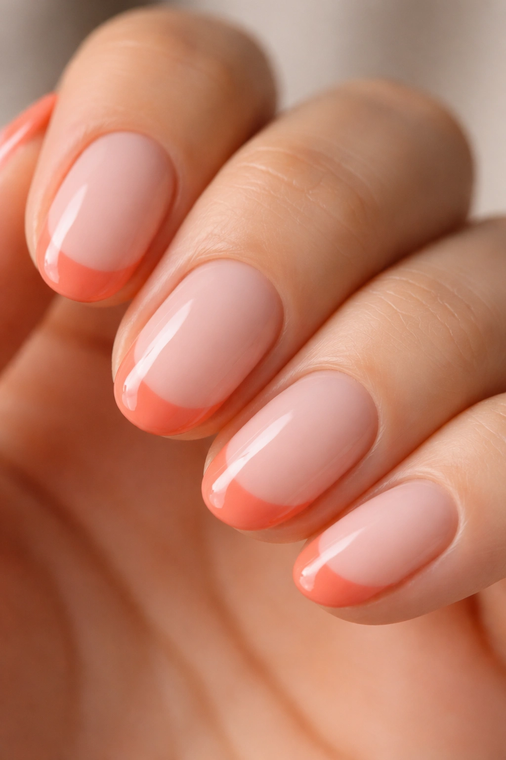 Close-up of short oval nails with coral French tips on a milky pink base