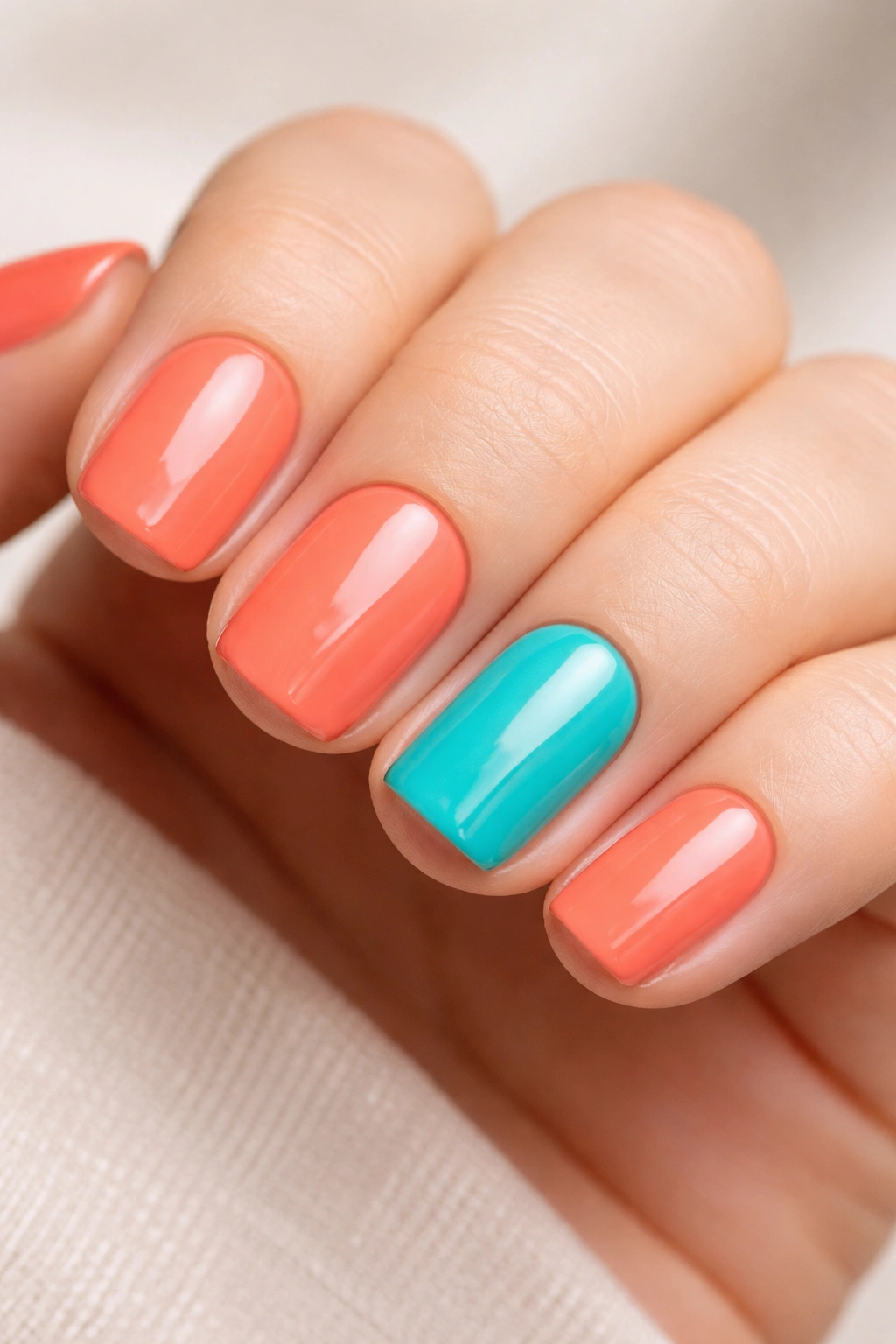 Short squoval nails with four coral nails and one turquoise accent nail