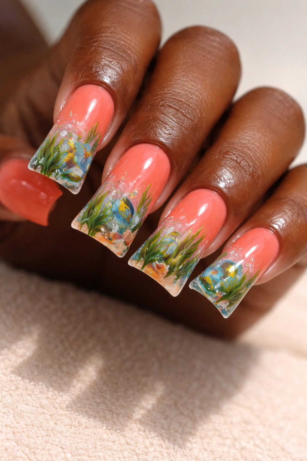 Coral duck nails with underwater scene on dark skin