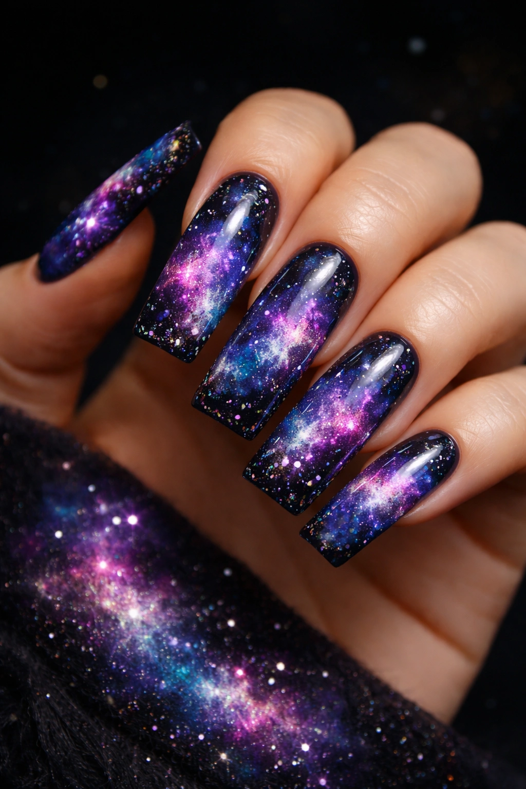 Navy galaxy nails with starry nebula designs on duck-shaped nails
