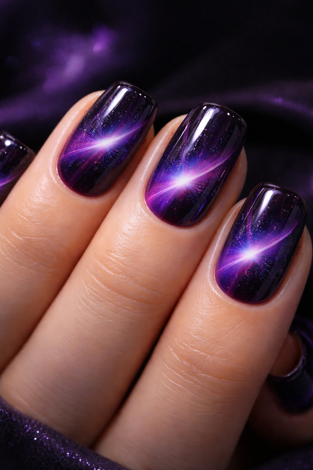 Close-up of short squoval nails with dark purple aura swirls