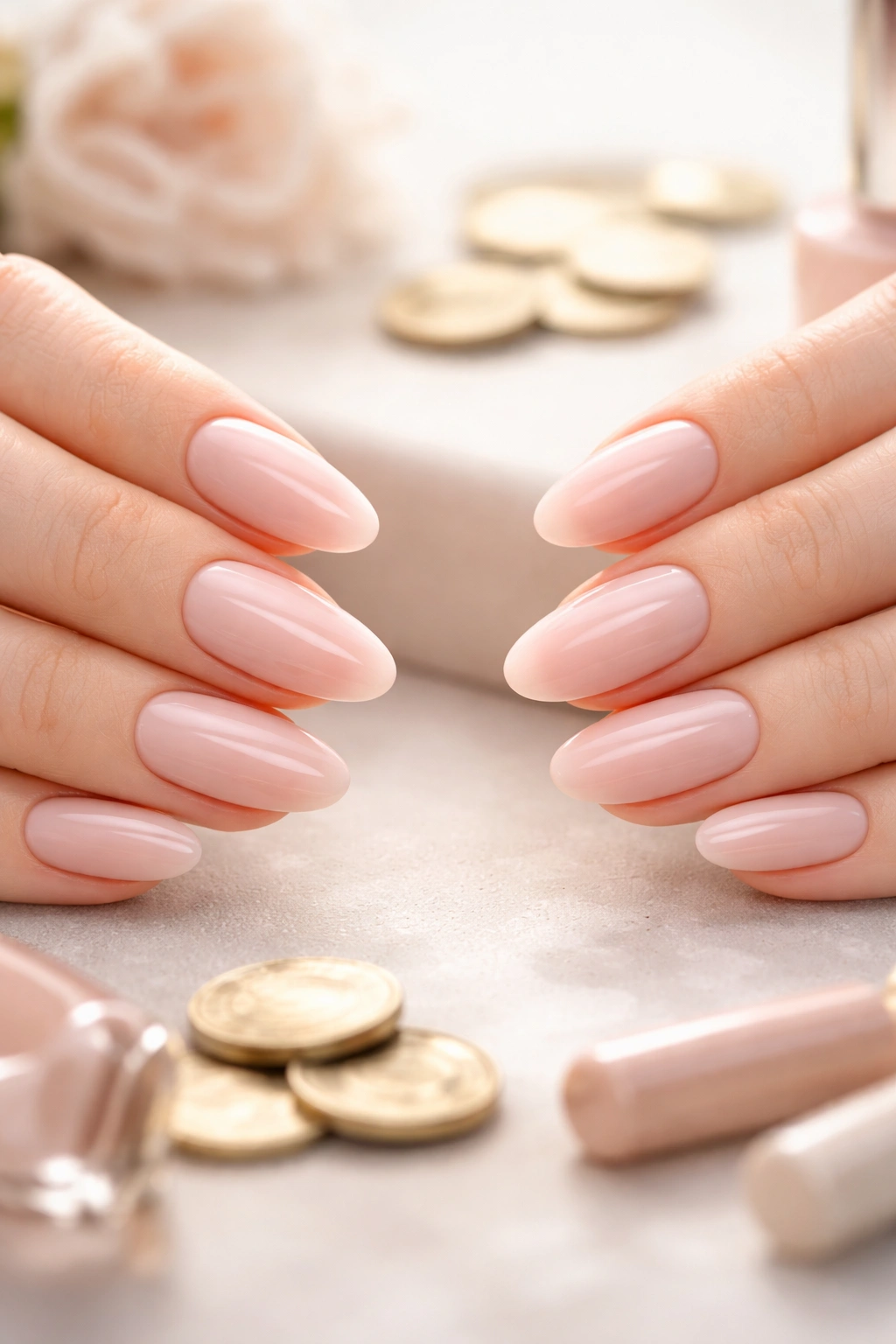 Hands with almond and oval nails wearing simple polish to imply similar cost for basic manicures