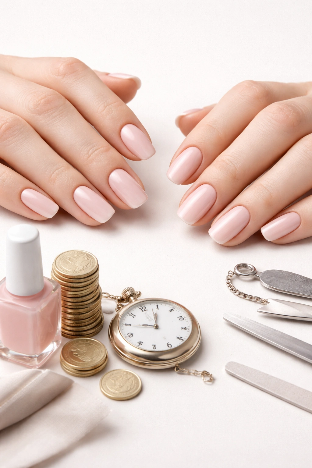 Close-up of nails with consistent shapes on a neutral background.