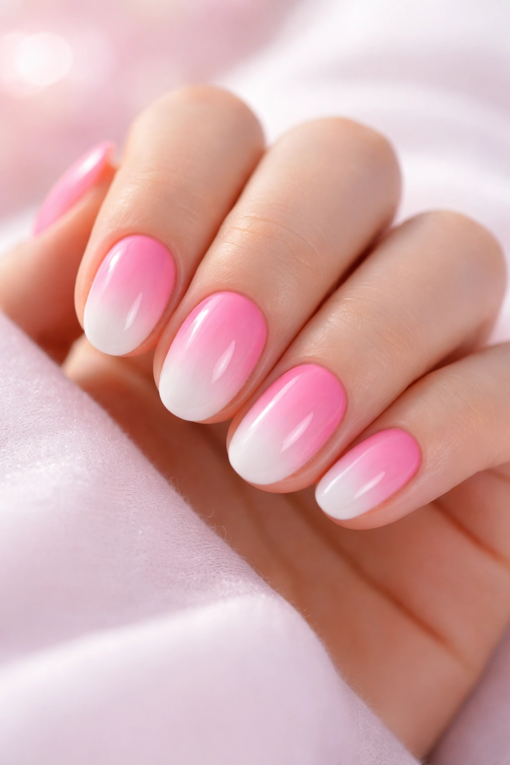 Close-up of short oval nails with cotton candy pink to white ombre and glossy finish