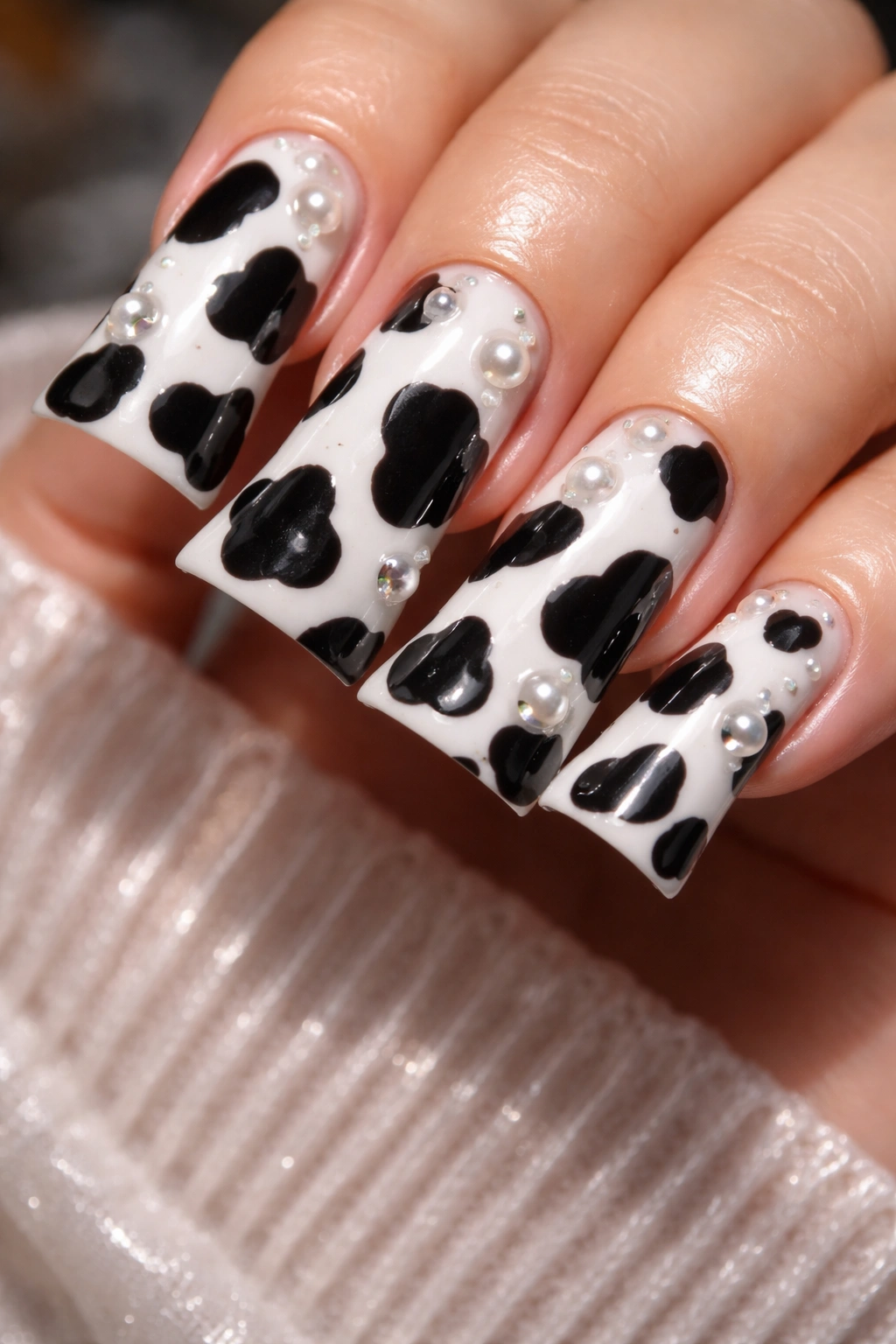 Duck nails with cow print and small 3D embellishments like pearls