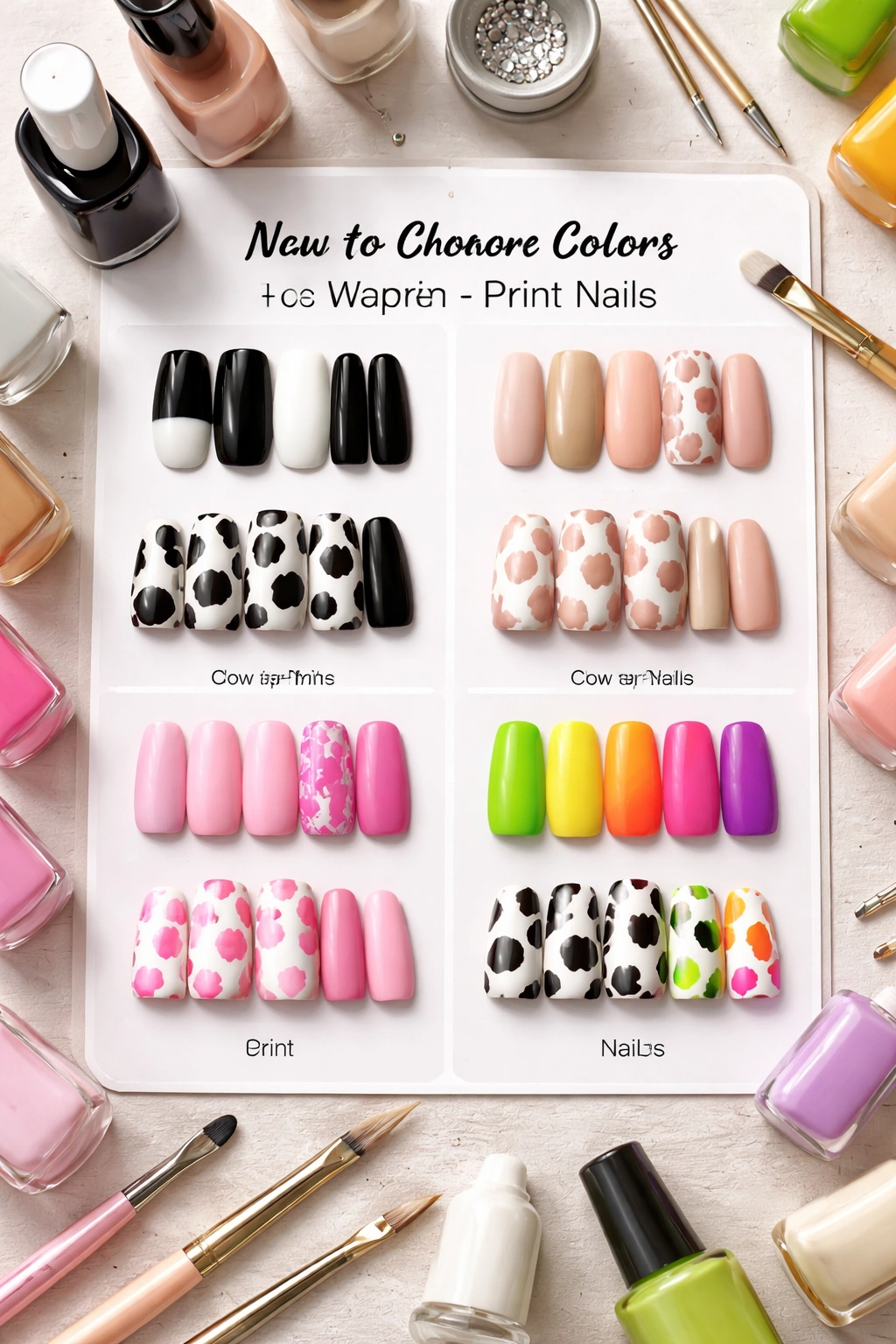 Color palette and sample cow print nails for choosing colors