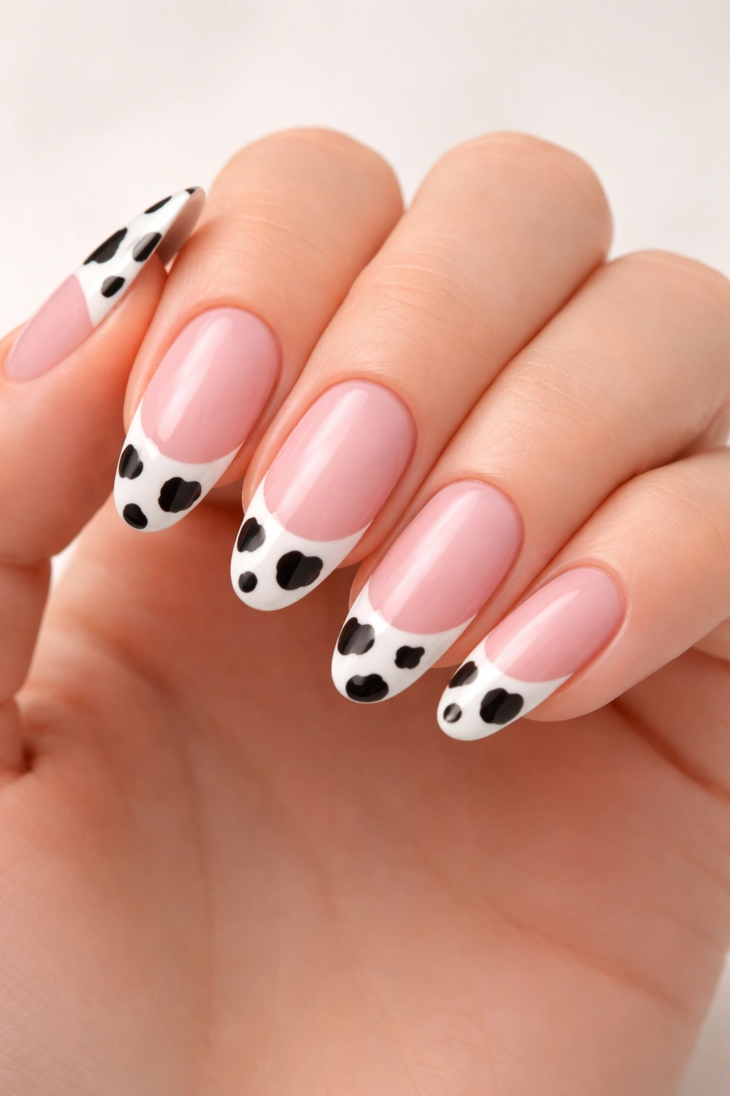 French manicure with cow print tips on pale pink base