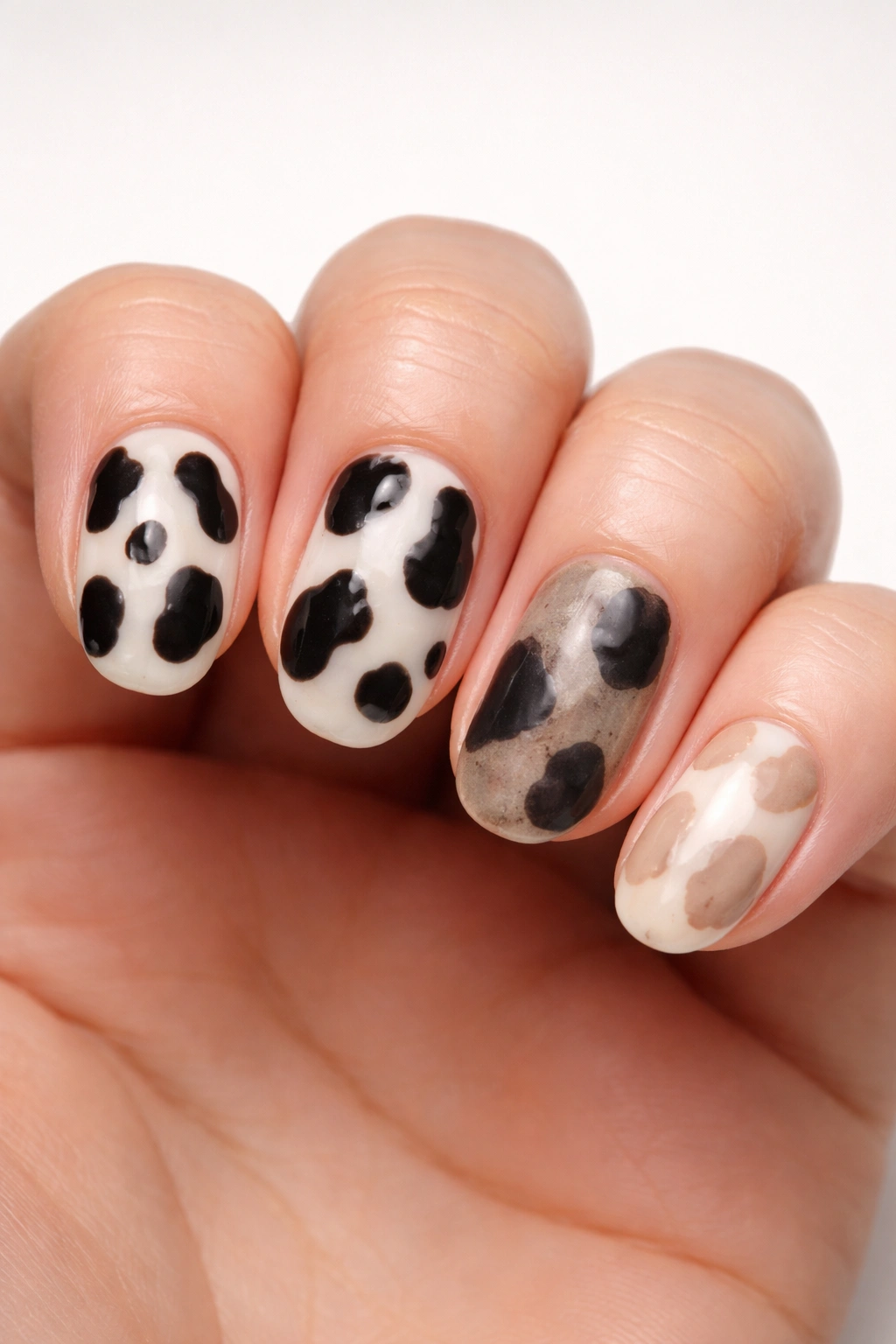 Nails displaying common cow print mistakes like uneven spots and thick polish