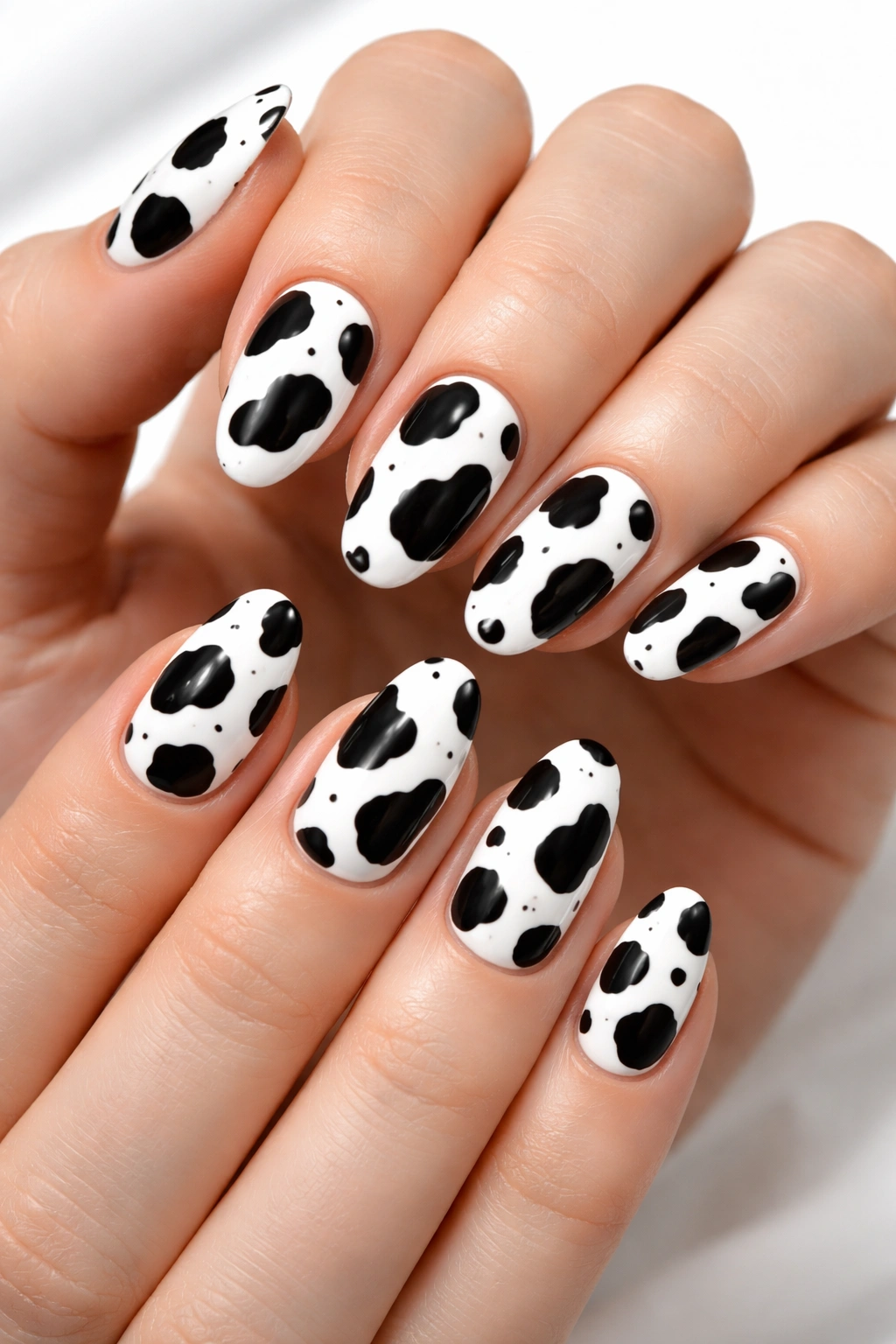 Nails with white base and irregular black cow spots
