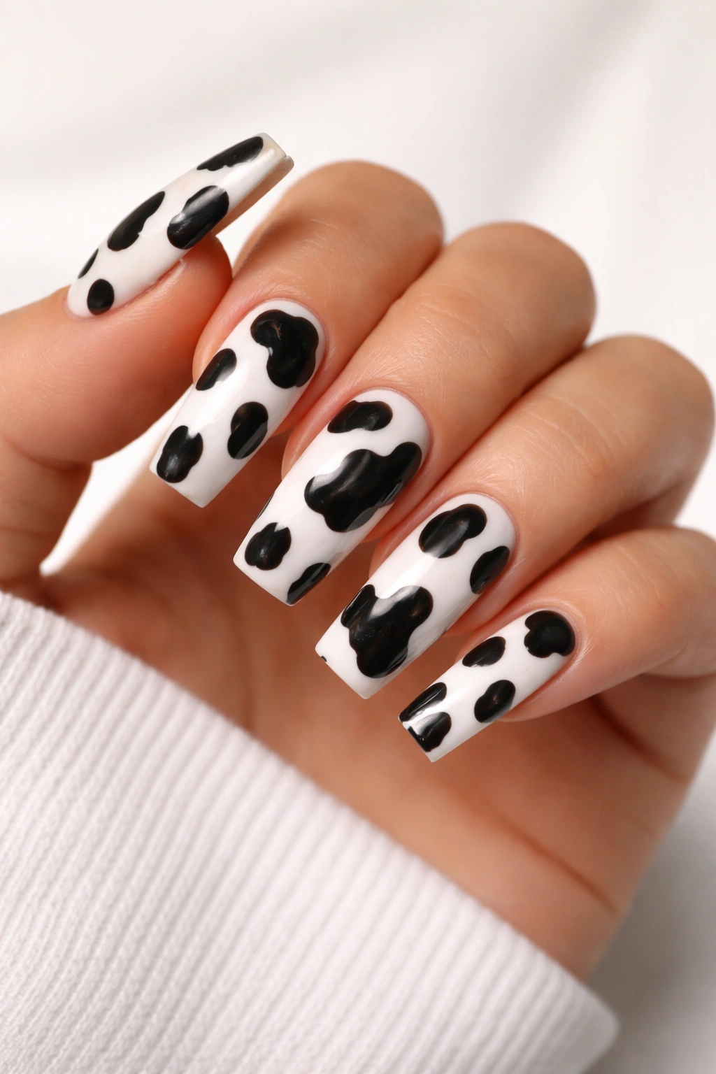 Close-up of cow print acrylic nails on a light background