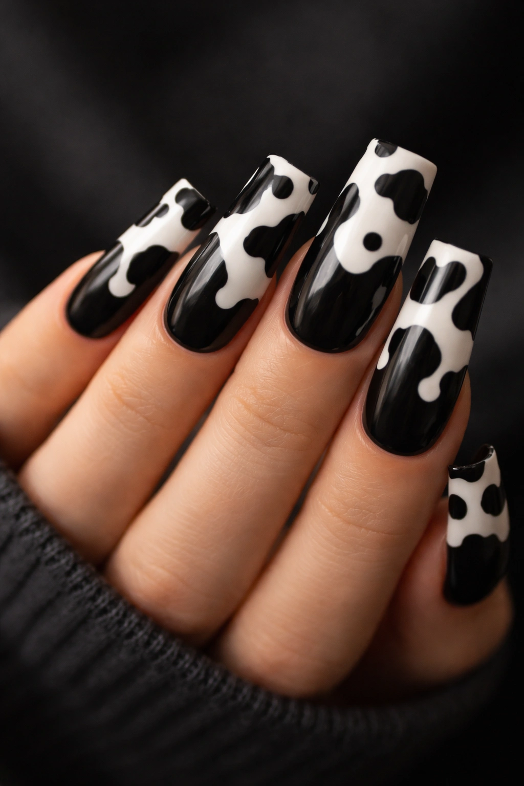 Duck nails with black base and white spots forming reverse cow print