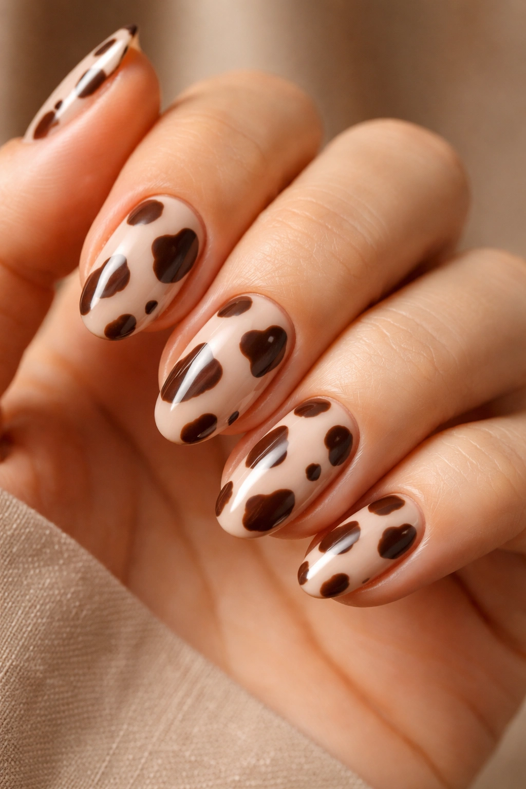 Short almond nails with chocolate brown cow print on warm nude base