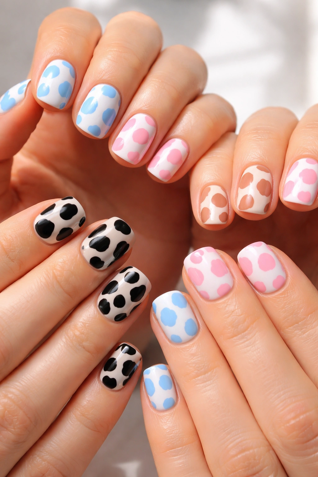 Close-up of two hands with color cow-print nails on short nails