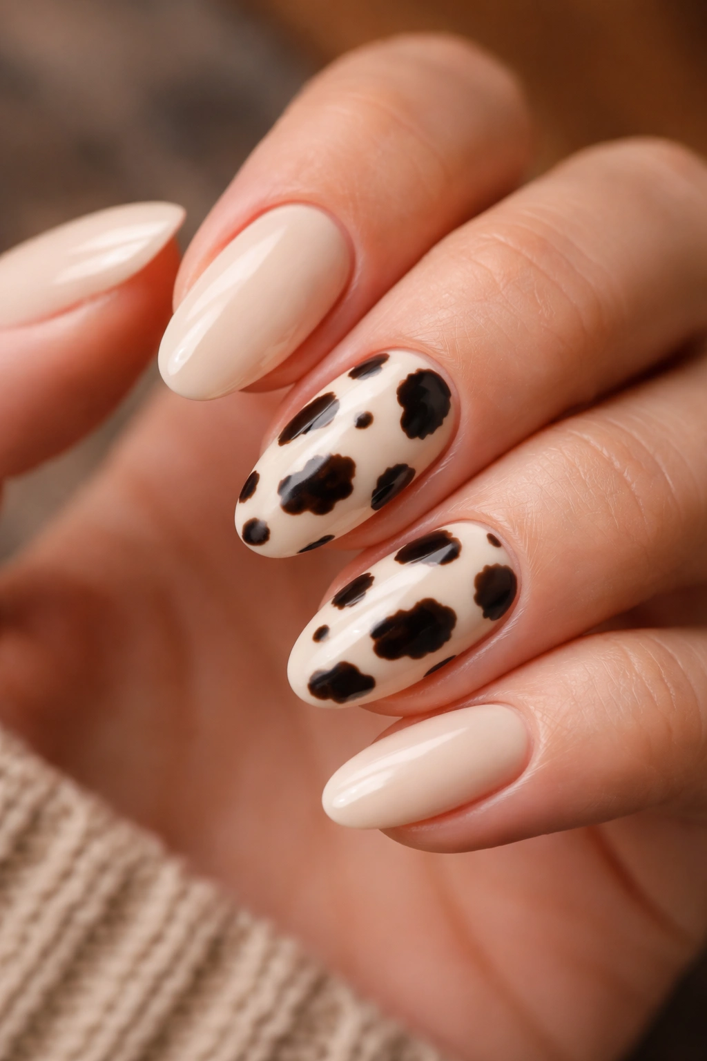 Cream-based nails with irregular cow print accents on one or two nails