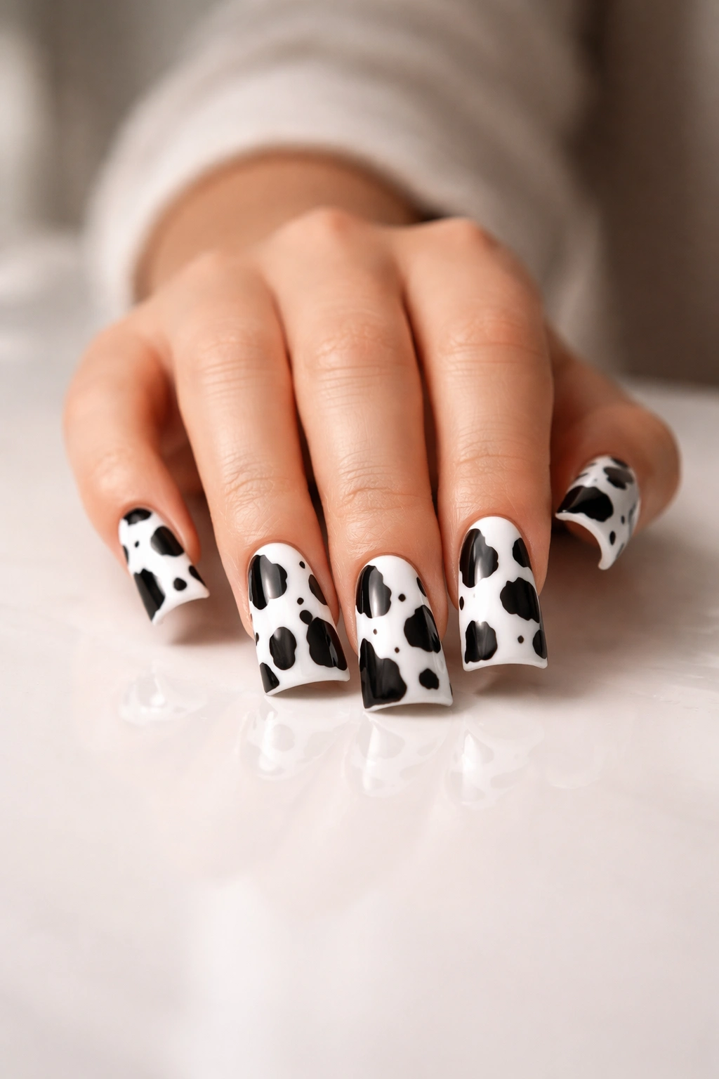 Close-up of a hand displaying cow print duck nail art on elongated nails