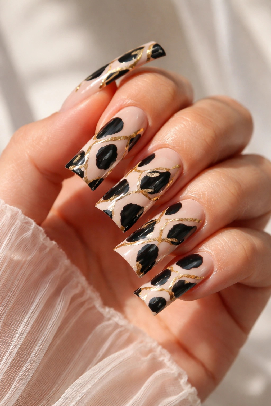 Duck nails with cow print and gold foil accents between spots