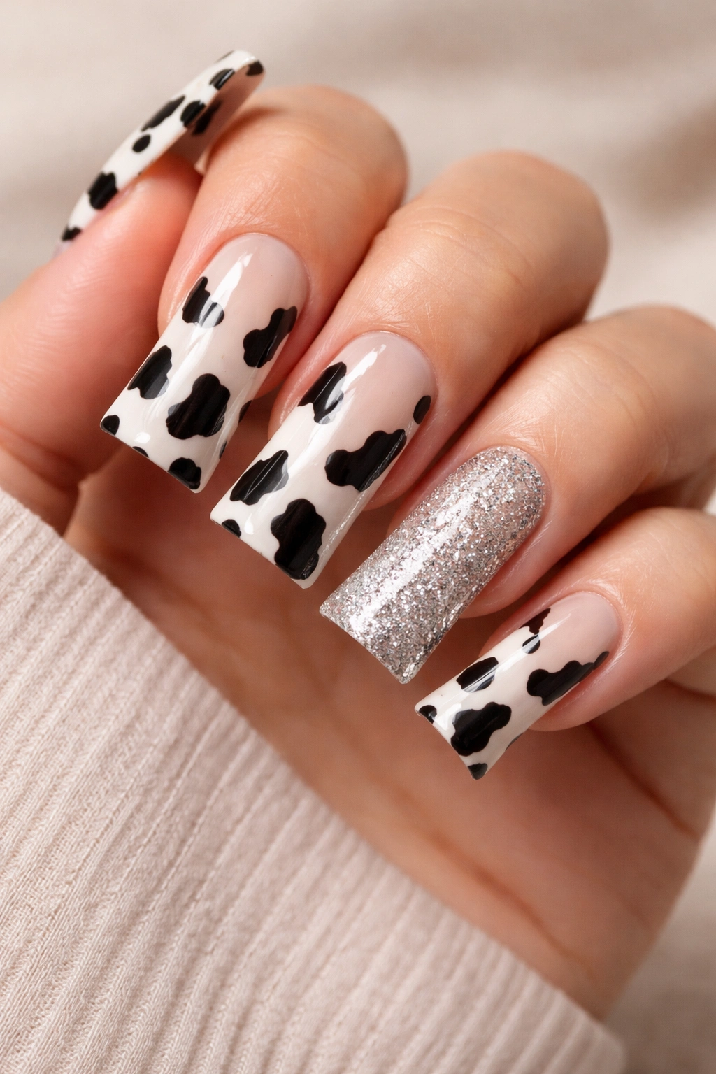 Nails with cow print and a glitter accent nail