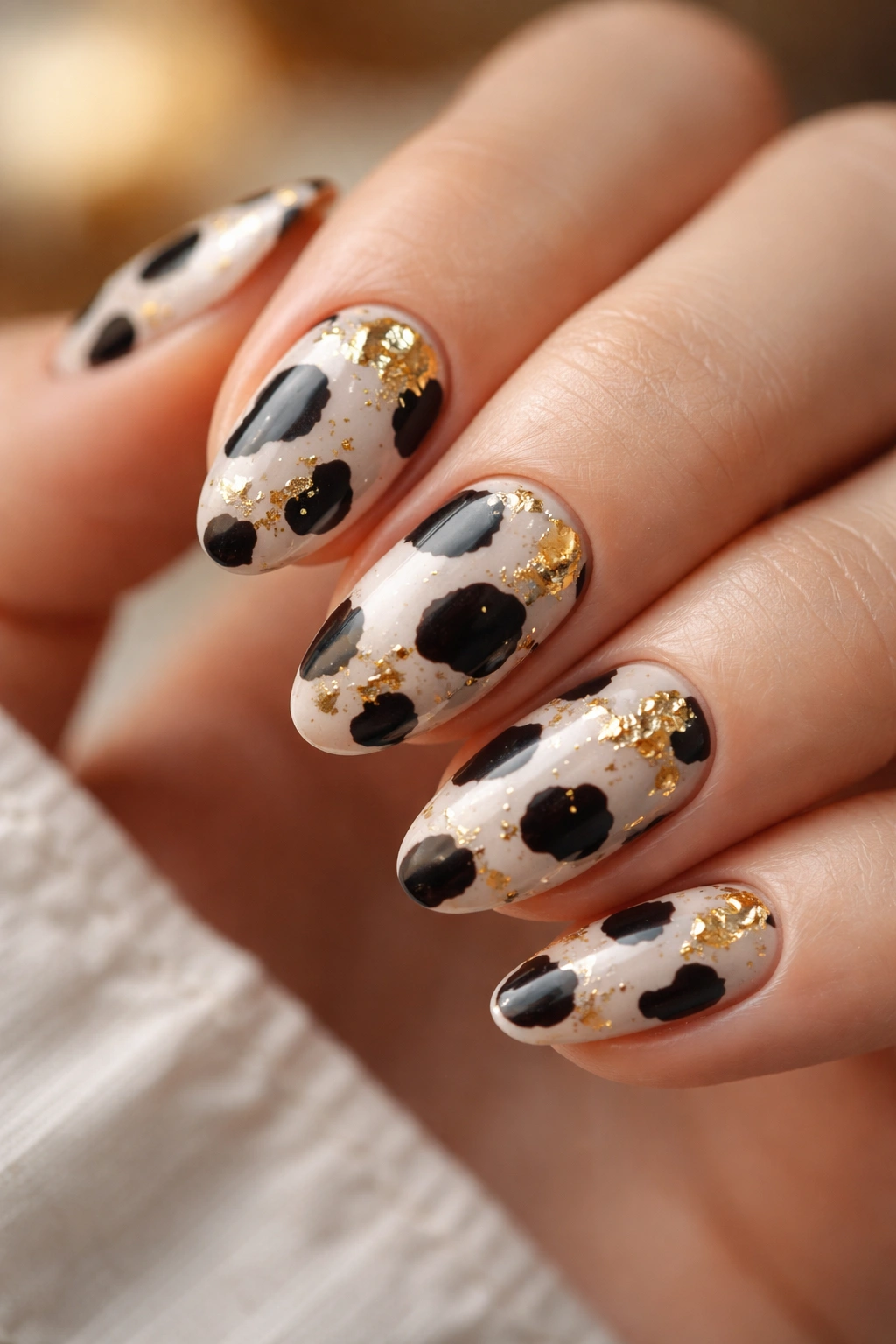 Close-up of cow print nails with gold foil accents on short almond nails
