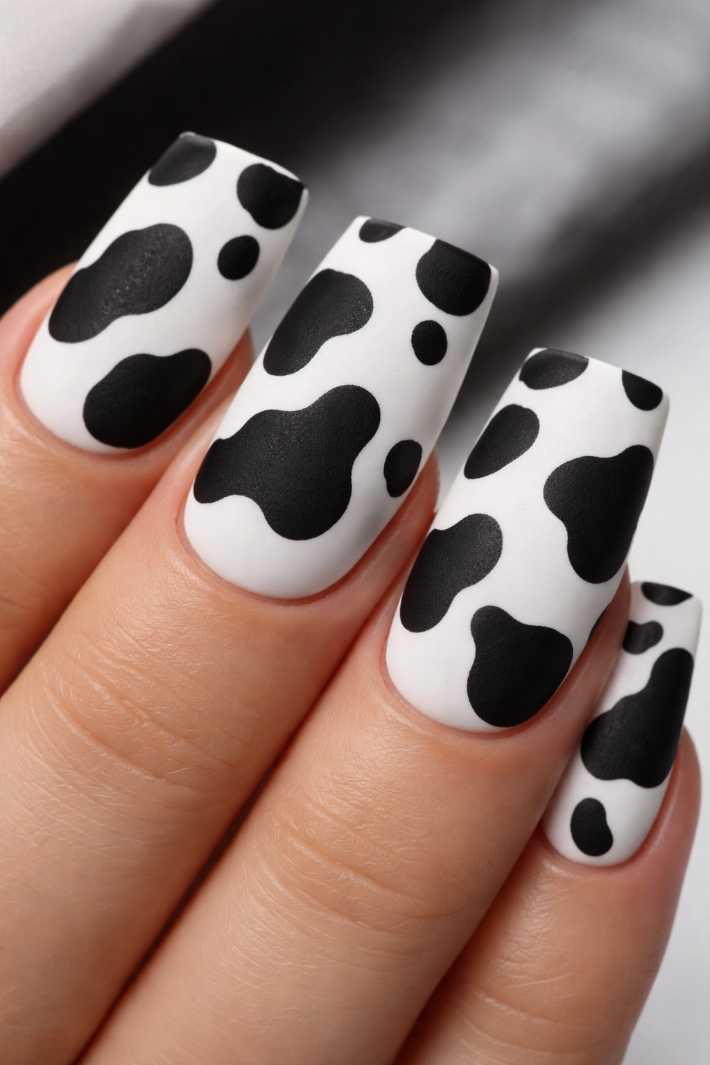 Duck nail with black and white cow print in matte finish