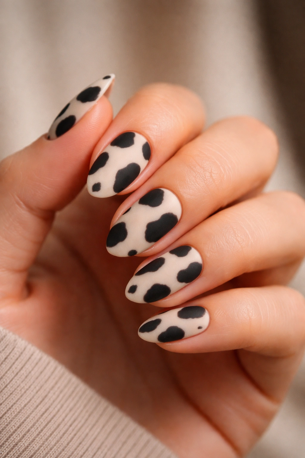Close-up of short almond nails with matte cow print on a velvet finish