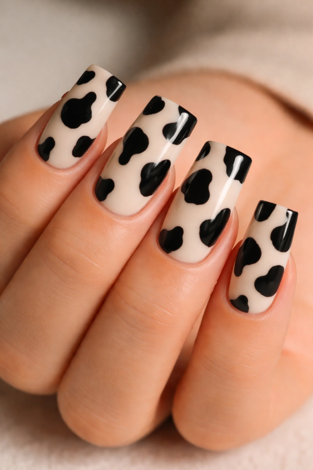 Close-up of duck nails with nude base and black cow print spots