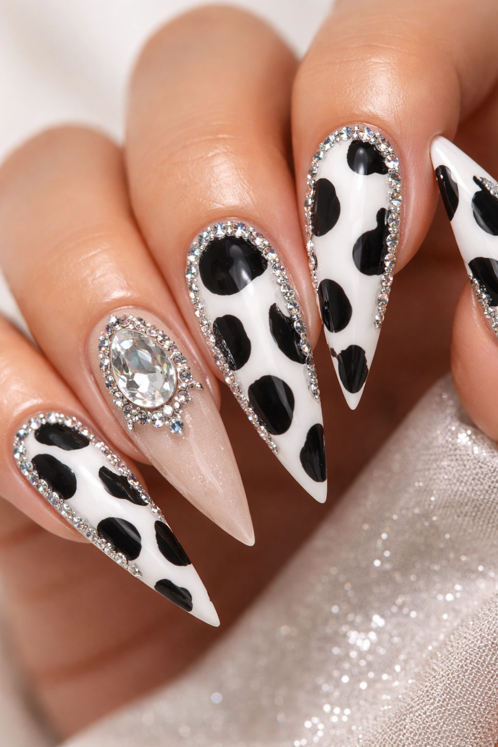 Close-up of cow print stiletto nail with rhinestones outlining patches