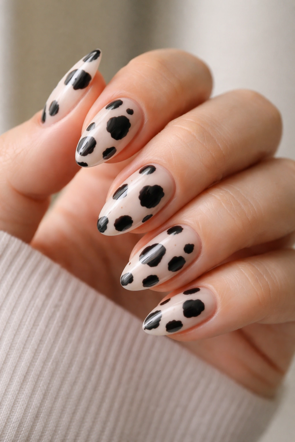 Close-up of short almond nails with sheer nude base and black cow print spots