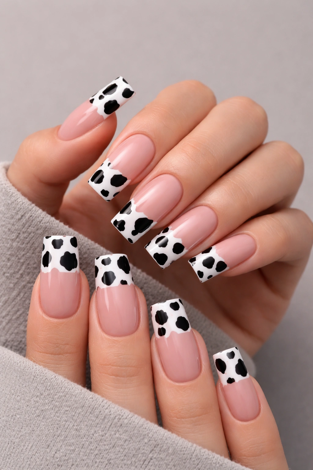 Cow print square nails with black-and-white pattern on all ten fingers