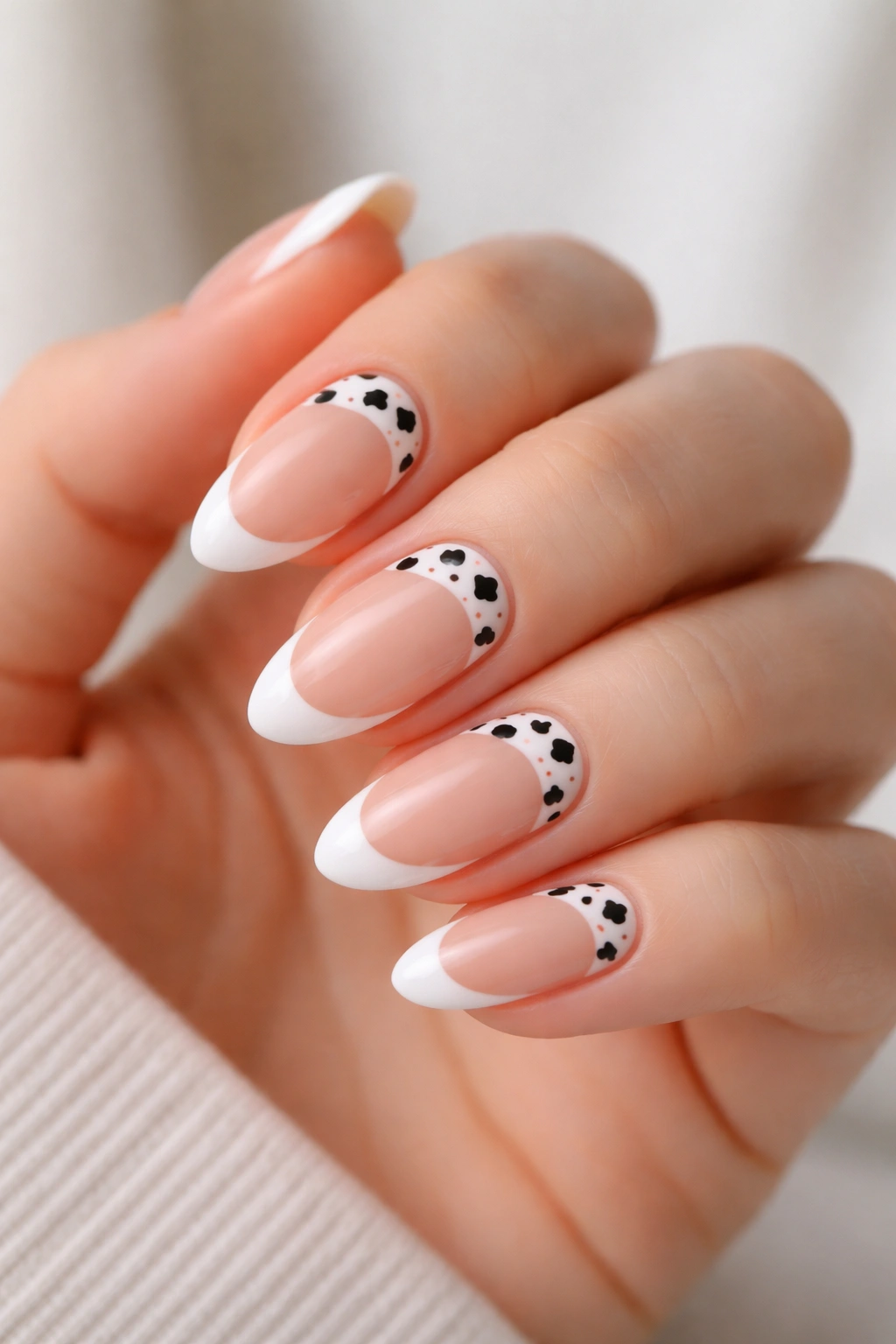 Short almond nails with white French tip and cow print near cuticle