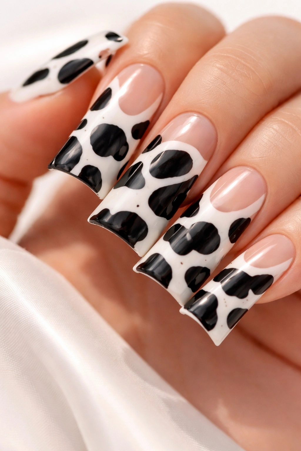 Duck nails with cow print and white negative space design