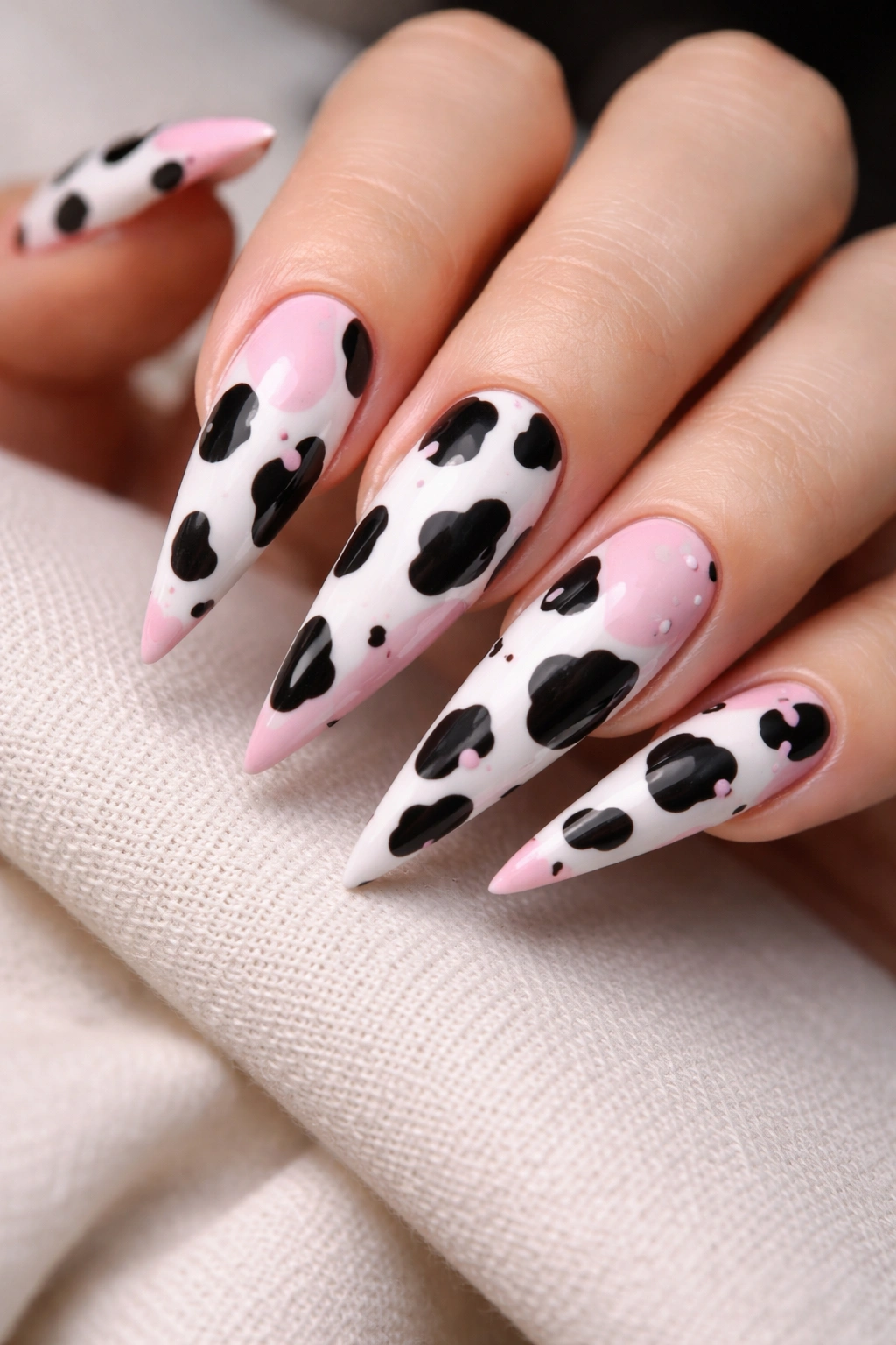 Close-up of cow print nails with black spots and pink accents on white base on stiletto tips