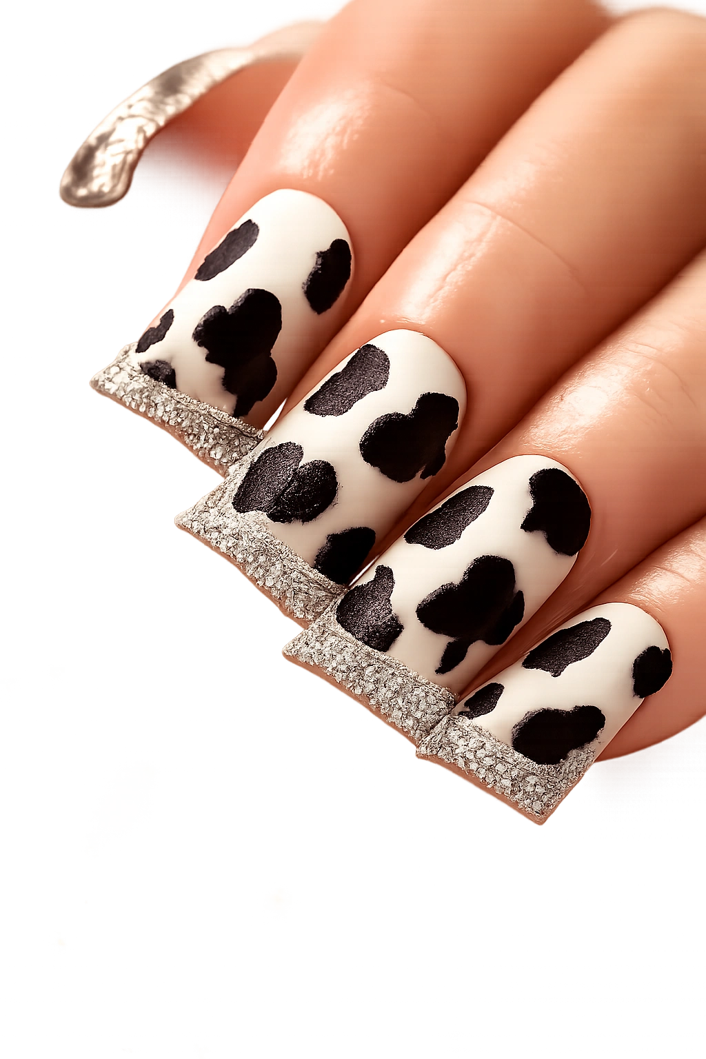 Duck nails with cow print and rhinestone border along curved tips
