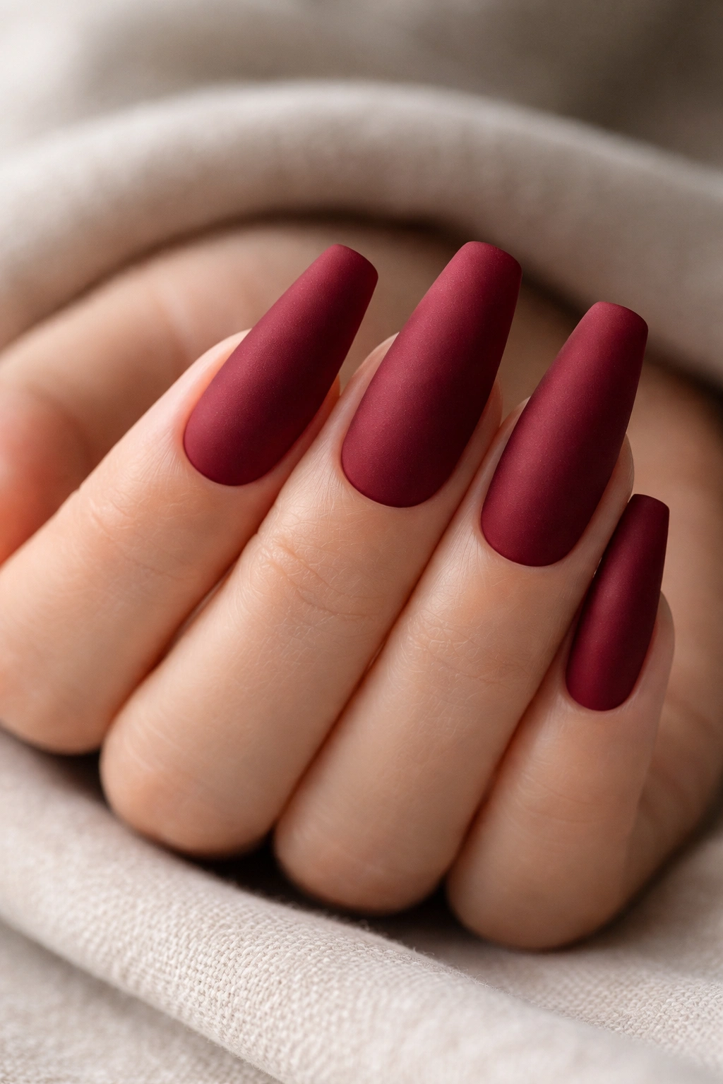 Close-up of cranberry matte ballerina nails with velvet texture.