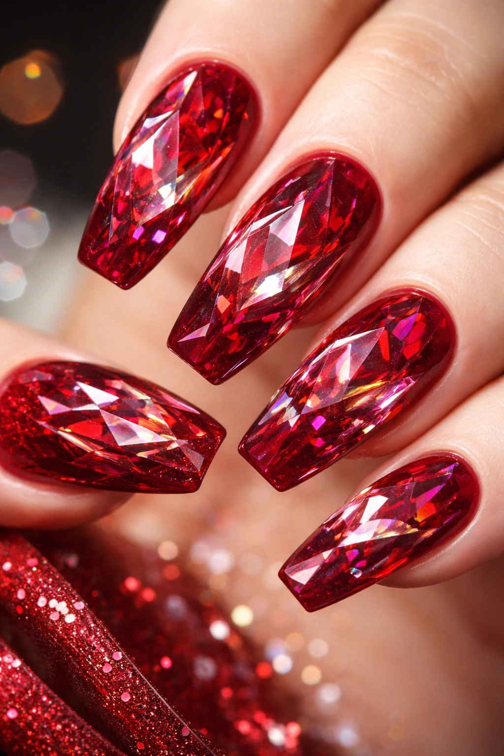 Cranberry crystal 3D nails with multi-layered shapes.