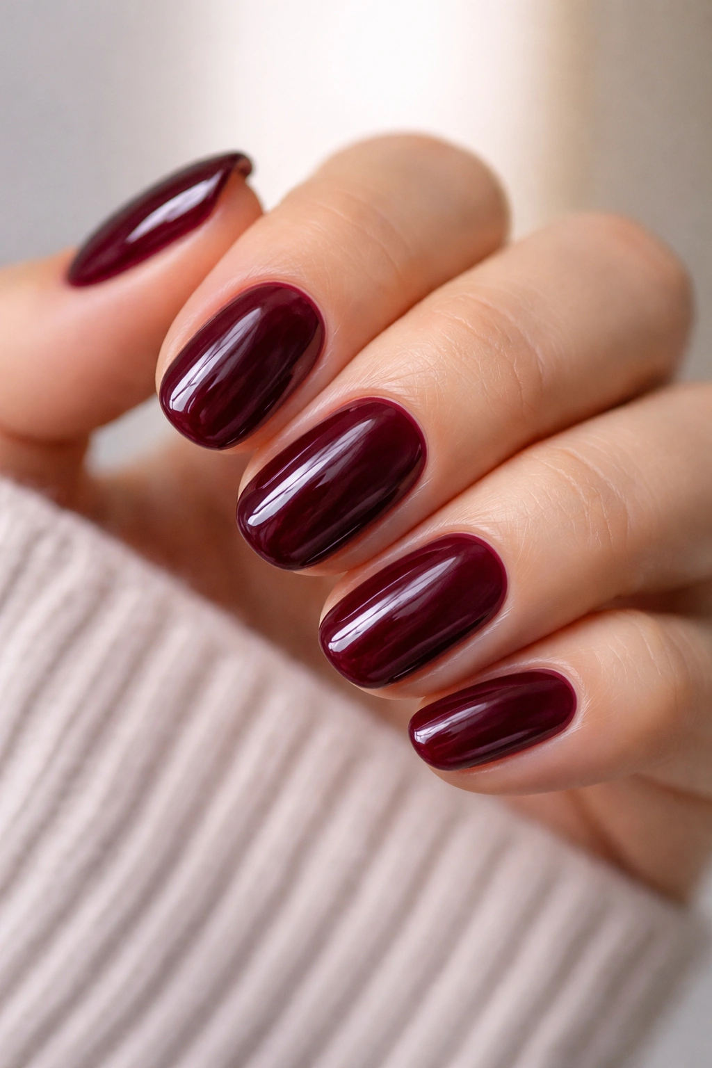 Close-up of short oval nails in dark cranberry with a glossy finish