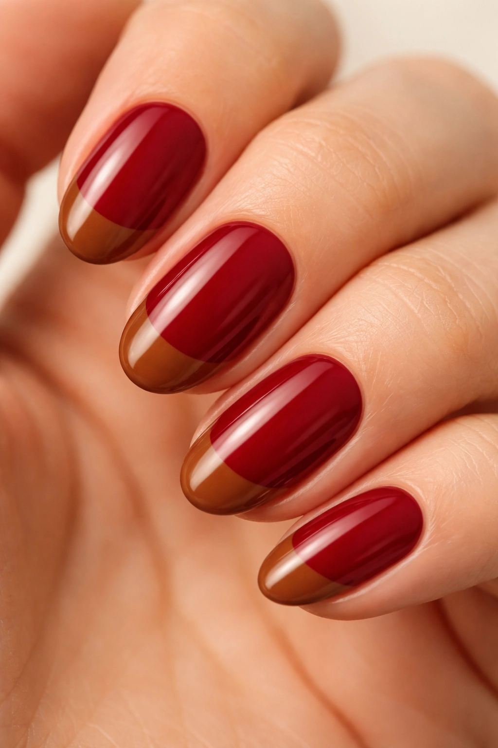 Close-up of short almond nails with cranberry red base and caramel brown wide French tip