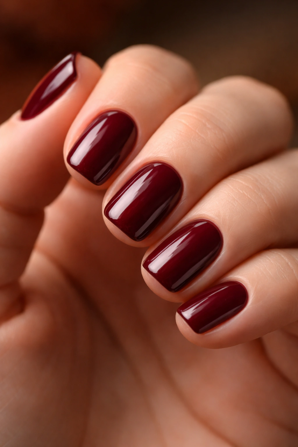 Close-up of nails painted Cranberry Red with burgundy undertones, autumn manicure