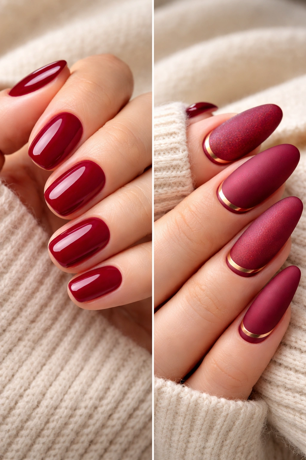 Glossy cranberry red nails with optional subtle gold accent stripe