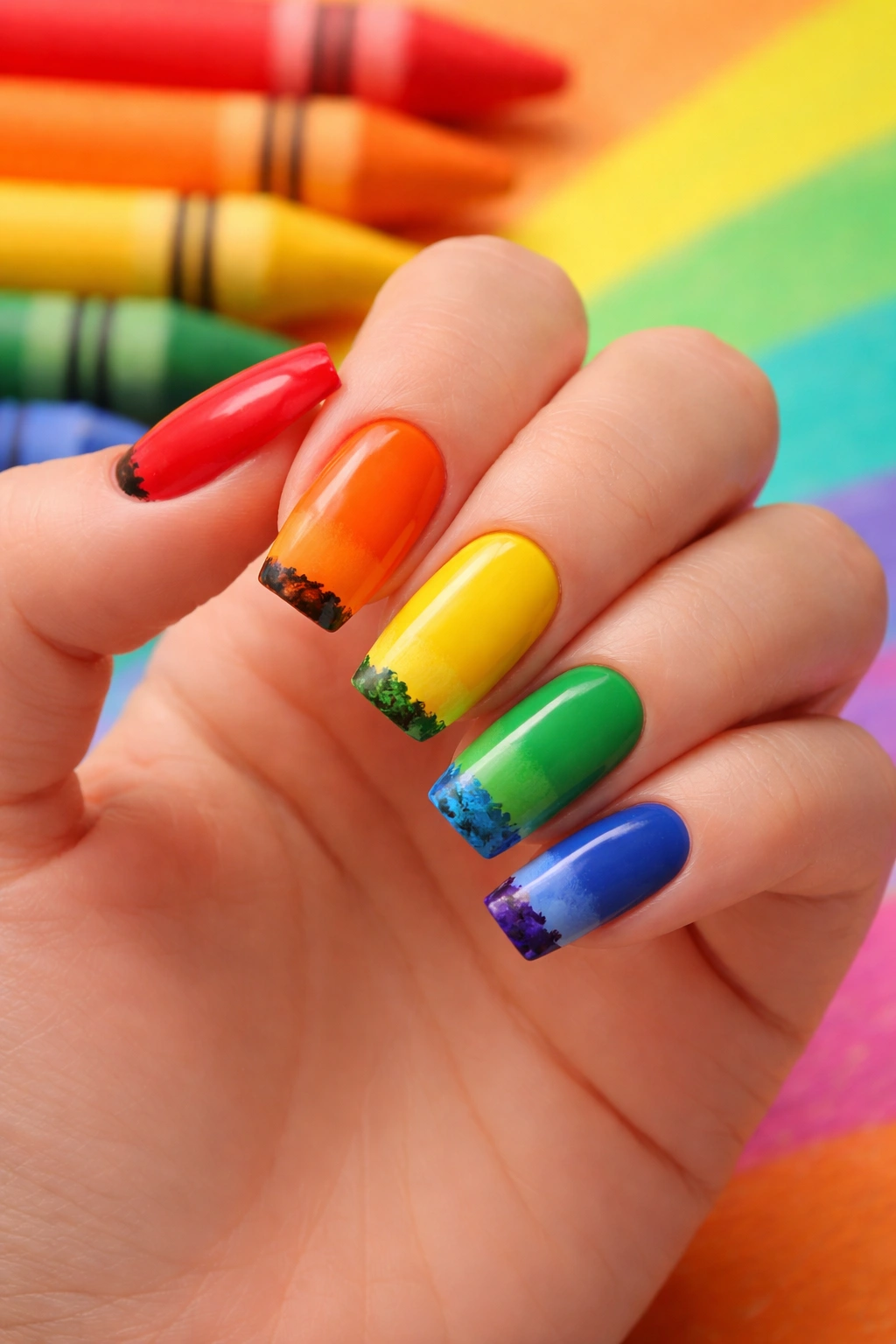 Close-up of multicolor nails with jagged crayon-tip texture.