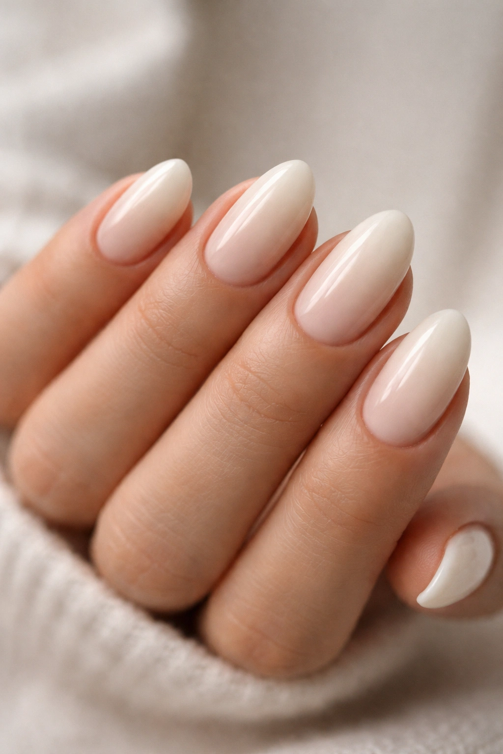 Short almond nails with a nude-to-cream cuticle fade.
