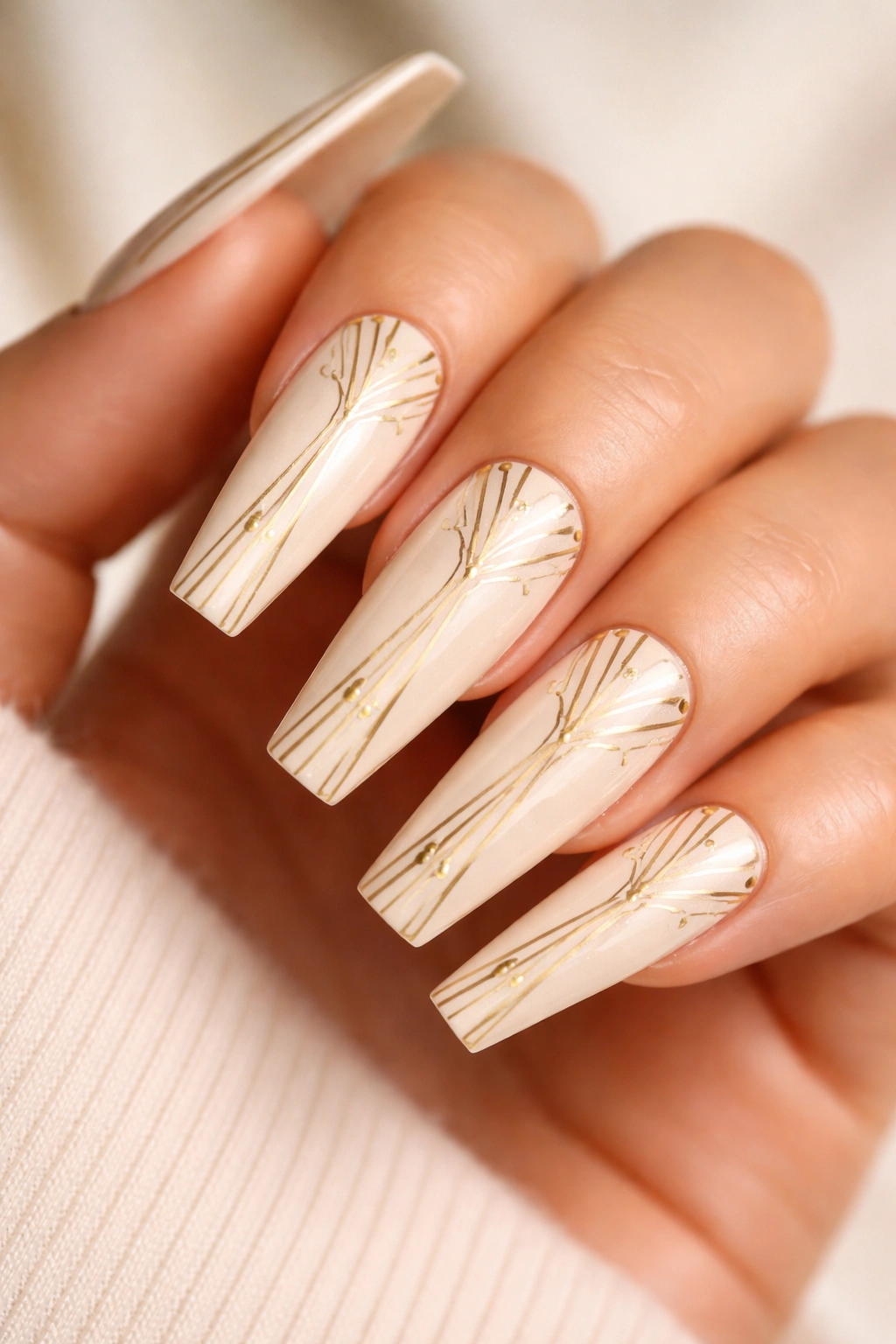 Coffin nails with cream base and gold Art Deco lines