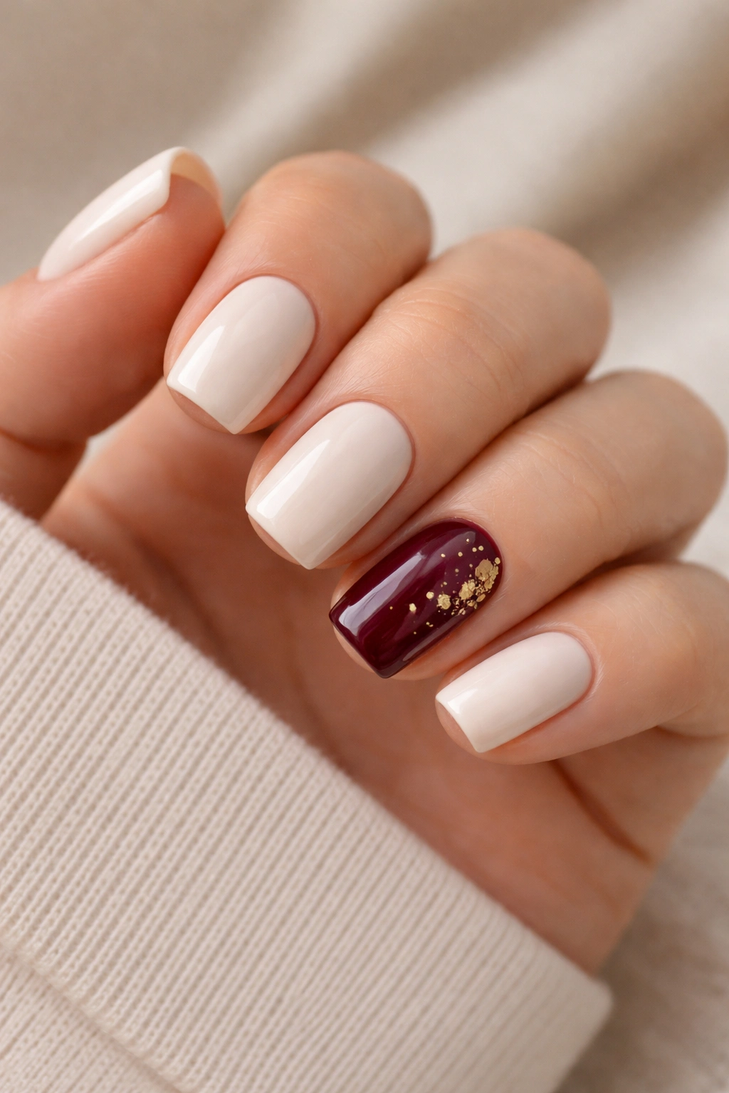 Close-up of cream-based nails with a burgundy accent nail and gold foil