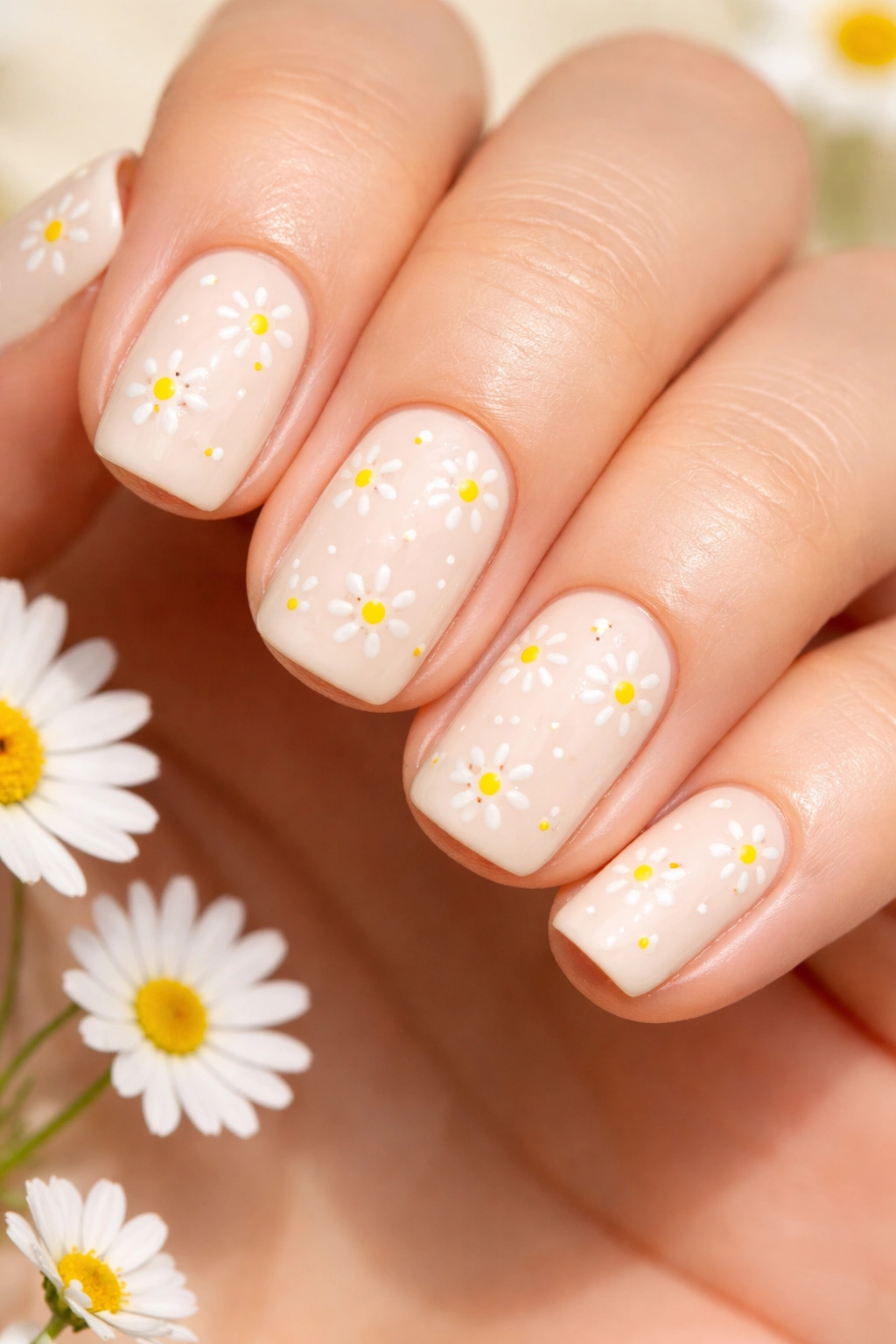 Close-up of cream nails with tiny daisies