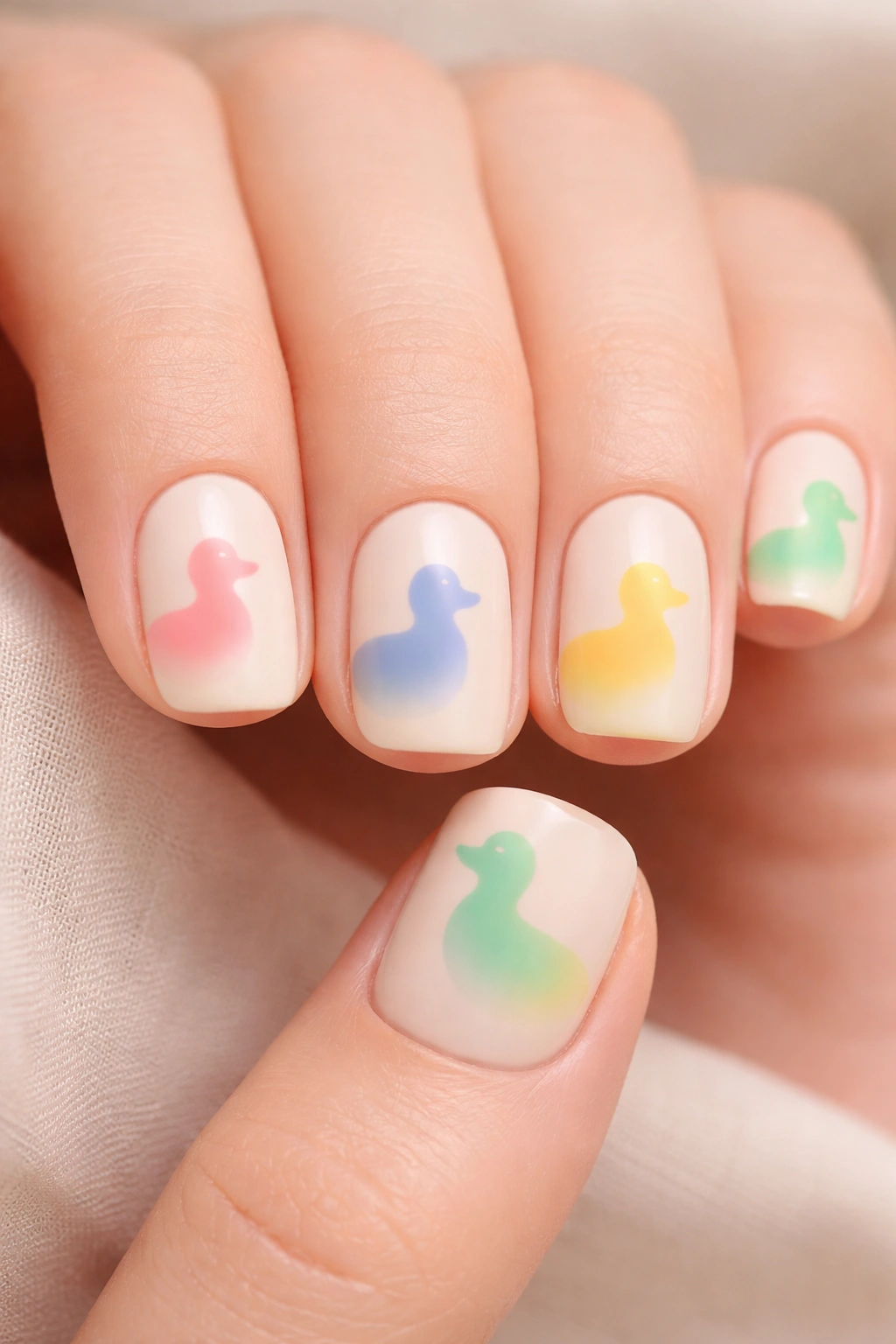 Close-up of cream-based nails with colorful duck silhouettes gradient