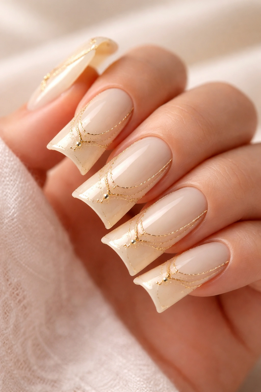 Duck nails with cream base and fine gold chain detailing along curved edges
