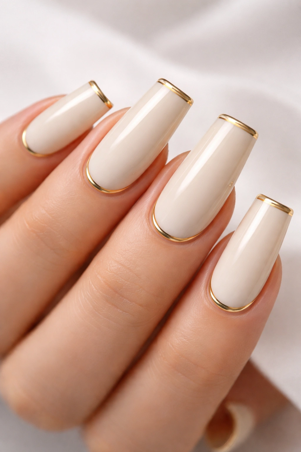 Cream nails with thin gold stripes at the tips
