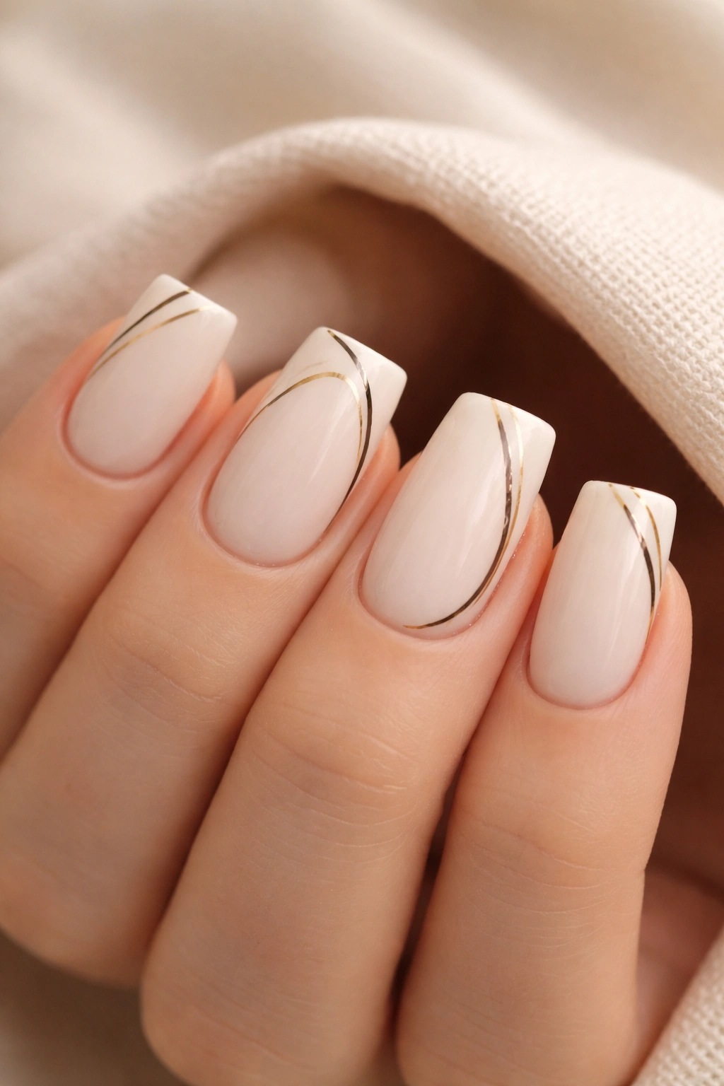 Cream base duck nails with minimalist curved line art.