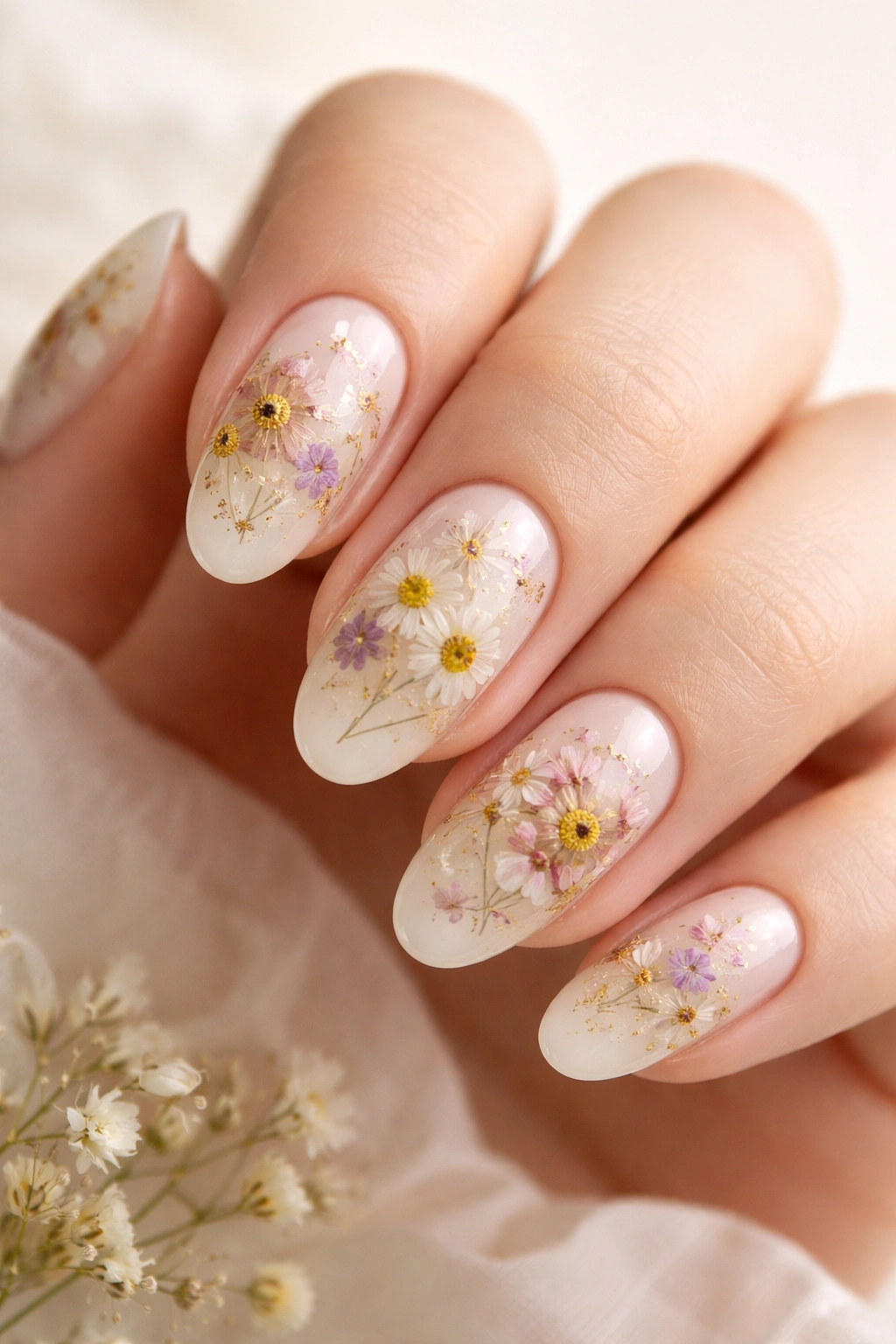 Close-up of cream base oval nails with pressed flowers under resin