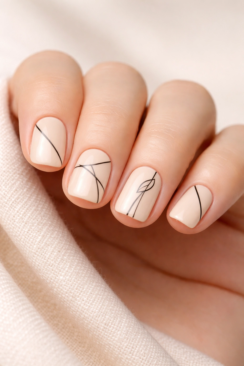 Close-up of short squoval nails with creamy base and black geometric lines